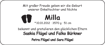 Babyanzeige von Milla Bürkner von WESER-KURIER