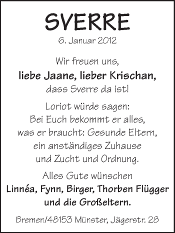 Babyanzeige von Sverre Flügger von WESER-KURIER