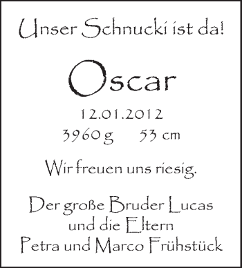 Babyanzeige von Oscar  von WESER-KURIER
