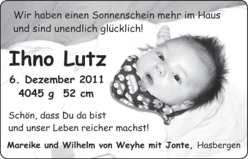 Babyanzeige von Ihno Lutz  von WESER-KURIER