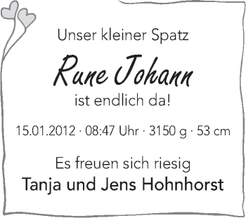 Babyanzeige von Rune Johann  von WESER-KURIER