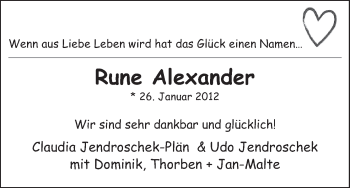 Babyanzeige von Rune Alexander  von WESER-KURIER