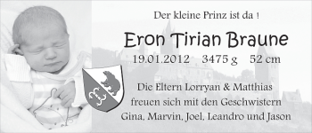 Babyanzeige von Eron Tirian Braune von WESER-KURIER
