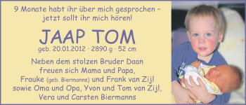 Babyanzeige von Jaap Tom  von WESER-KURIER