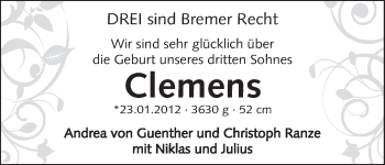 Babyanzeige von Clemens von Guenther von WESER-KURIER