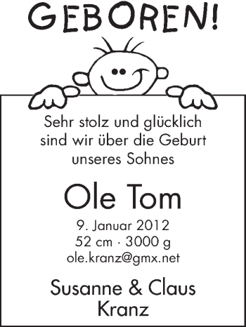 Babyanzeige von Ole Tom Kranz von WESER-KURIER