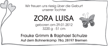 Babyanzeige von Zora Luisa  von WESER-KURIER