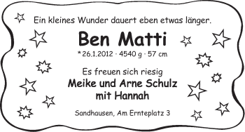 Babyanzeige von Ben Matti Schulz von WESER-KURIER
