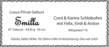 Babyanzeige von Smilla Schlobohm von WESER-KURIER
