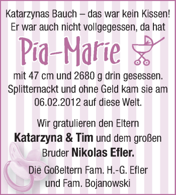 Babyanzeige von Pia-Marie Efler von WESER-KURIER
