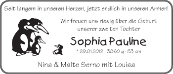 Babyanzeige von Sophia Pauline  von WESER-KURIER