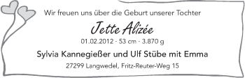 Babyanzeige von Jette Alizée  von WESER-KURIER