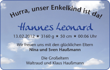 Babyanzeige von Hannes Leonard Haußmann von WESER-KURIER