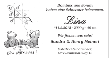 Babyanzeige von Lina Meinert von WESER-KURIER