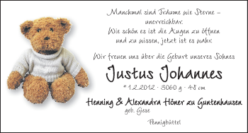 Babyanzeige von Justus Johannes Höner zu Guntenhausen von WESER-KURIER