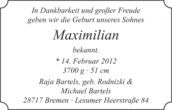 Babyanzeige von Maximilian  von WESER-KURIER