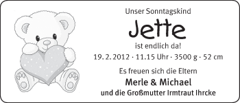 Babyanzeige von Jette  von WESER-KURIER