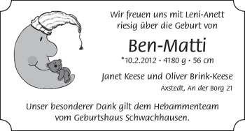 Babyanzeige von Ben-Matti  von WESER-KURIER