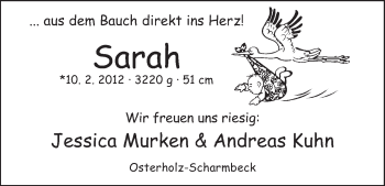 Babyanzeige von Sarah  von WESER-KURIER