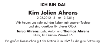 Babyanzeige von Kim Jolien Ahrens von WESER-KURIER