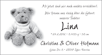 Babyanzeige von Lina  von WESER-KURIER