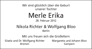 Babyanzeige von Merle Erika  von WESER-KURIER