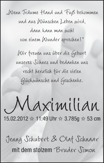 Babyanzeige von Maximilian  von WESER-KURIER