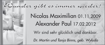 Babyanzeige von Nicolas Maximilian und Alexander Paul  von WESER-KURIER