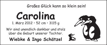 Babyanzeige von Carolina Schätzel von WESER-KURIER