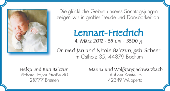 Babyanzeige von Lennart-Friedrich Balczun von WESER-KURIER