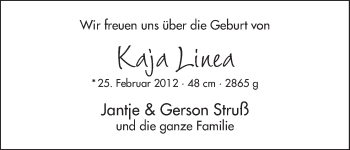 Babyanzeige von Kaja Linea  von WESER-KURIER