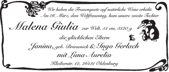 Babyanzeige von Malena Giulia  von WESER-KURIER