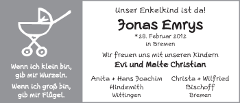 Babyanzeige von Jonas Emrys  von WESER-KURIER