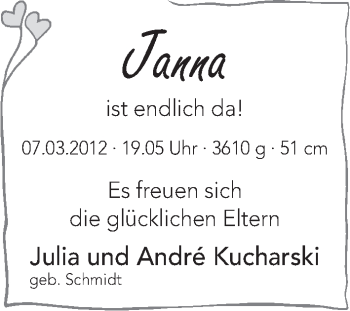 Babyanzeige von Janna  von WESER-KURIER