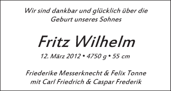 Babyanzeige von Fritz Wilhelm  von WESER-KURIER