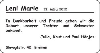 Babyanzeige von Leni Marie  von WESER-KURIER