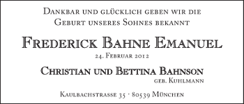 Babyanzeige von Frederick Bahne Emanuel  von WESER-KURIER