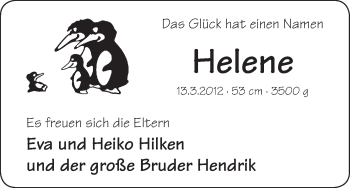 Babyanzeige von Helene Hilken von WESER-KURIER