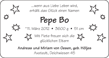 Babyanzeige von Pepe Bo  von WESER-KURIER
