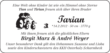 Babyanzeige von Tarian  von WESER-KURIER
