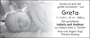 Babyanzeige von Greta  von WESER-KURIER