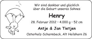 Babyanzeige von Henry  von WESER-KURIER