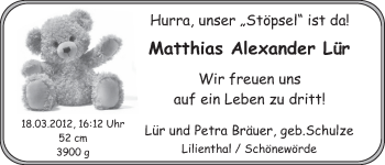 Babyanzeige von Matthias Alexander Lür  von WESER-KURIER