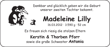 Babyanzeige von Madeleine Lilly  von WESER-KURIER