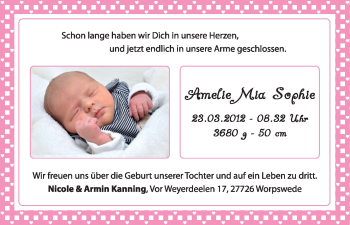 Babyanzeige von Amelie Mia Sophie  von WESER-KURIER
