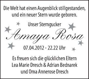 Babyanzeige von Amaya Rosa  von WESER-KURIER
