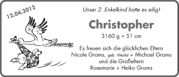 Babyanzeige von Christopher Grams von WESER-KURIER
