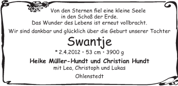 Babyanzeige von Swantje  von WESER-KURIER