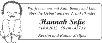 Babyanzeige von Hannah Sofie  von WESER-KURIER