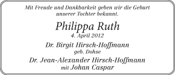 Babyanzeige von Philippa Ruth Hirsch-Hoffmann von WESER-KURIER